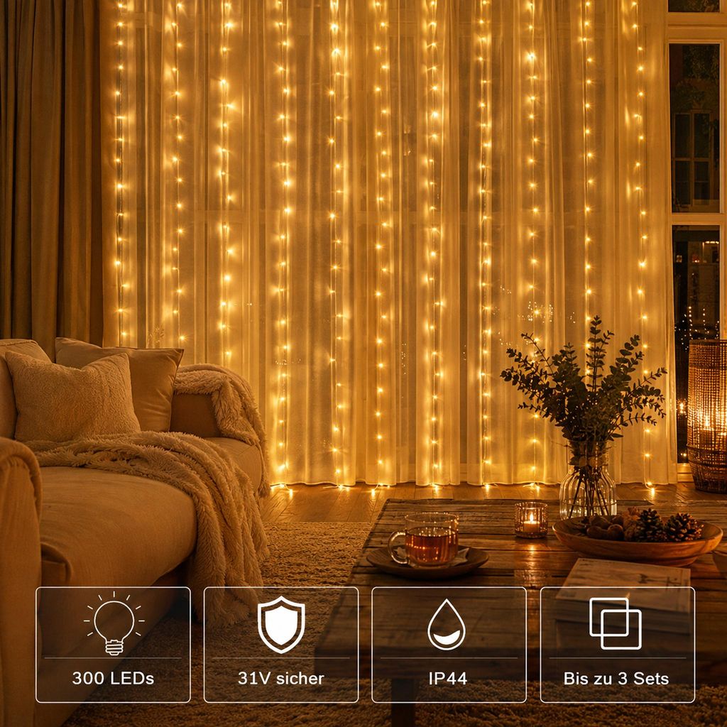 3x3M Lichtervorhang Innen Deko Weihnachten LED Lichterkette
