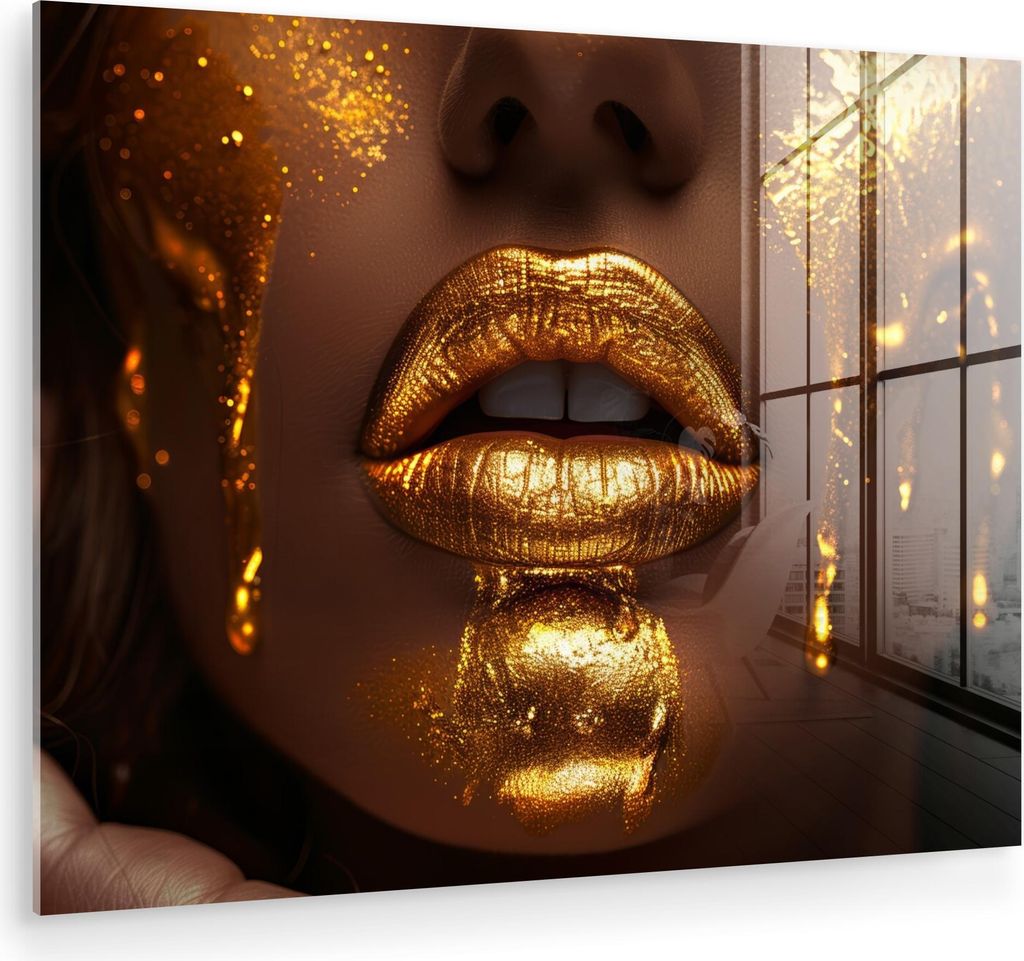 MuchoWow Glasbilder - Bilder auf Wandbild - Foto auf Glas Frau - Gold - Gesicht - Farbe - Lippen 80x60 cm Wanddekoration aus Glas - Acrylglasbild -...