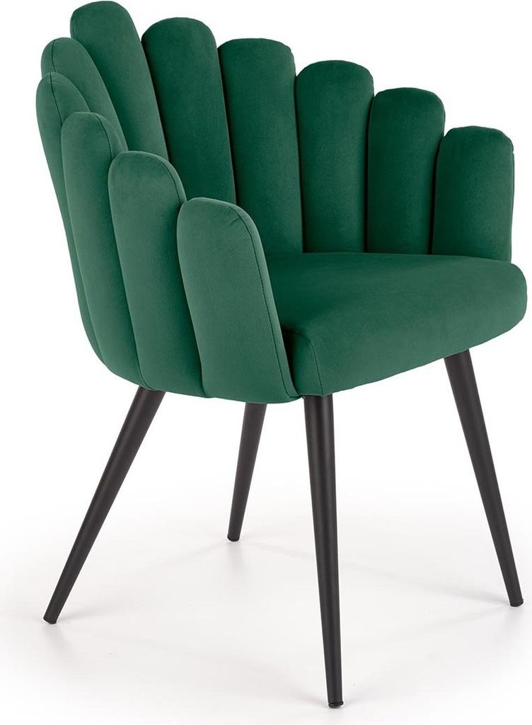 A green upholstered chair with black legs on a white background.