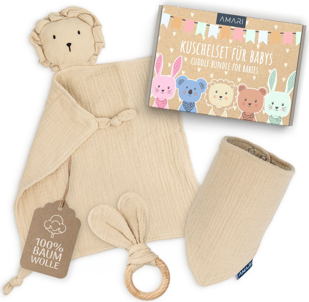 AMARI "Schmusetuch Löwe" mit Beißring und Lätzchen, Ideale Geschenke zur Geburt für Junge und Mädchen - Baby Geschenk Neugeborene