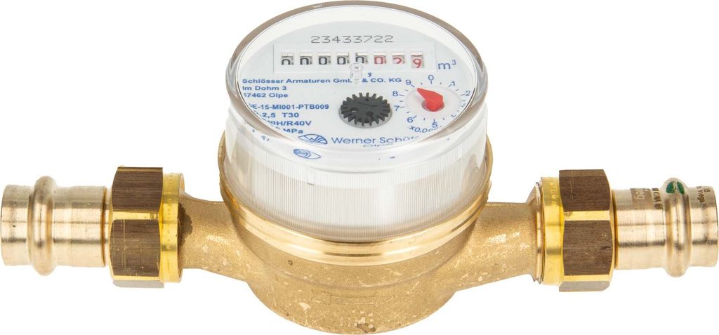 Einstrahlzähler ETK Kombi-Set (Kaltwasser) bis 30 Grad Länge 110 mm, inkl. Verschraubungen mit Pressanschluss 15 mm