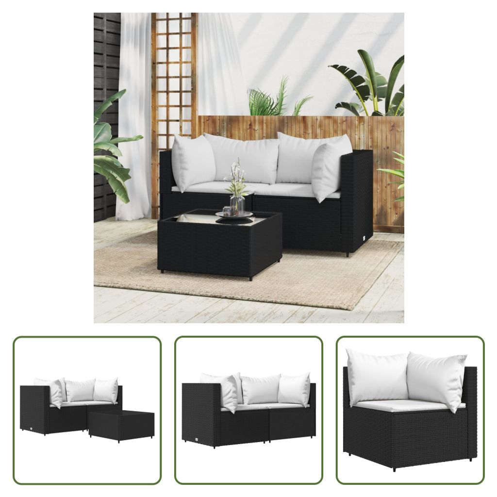 The Living Store 3-tlg. Garten-Lounge-Set mit Kissen Schwarz Poly Rattan