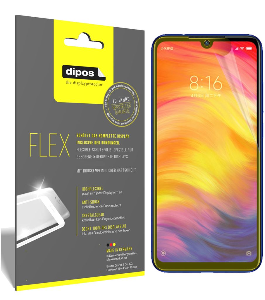 2x Schutzfolie für Xiaomi Redmi Note 7S Folie, 100% Displayabdeckung, dipos Flex