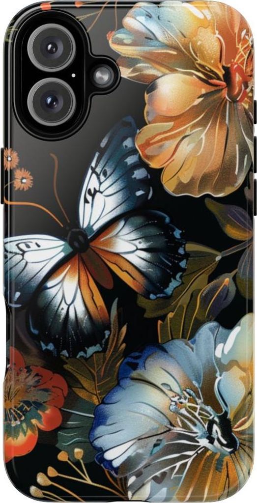 Schmetterlinge und Blumenmuster auf Schwarz – Hülle Kompatibel mit iPhone 16 Plus