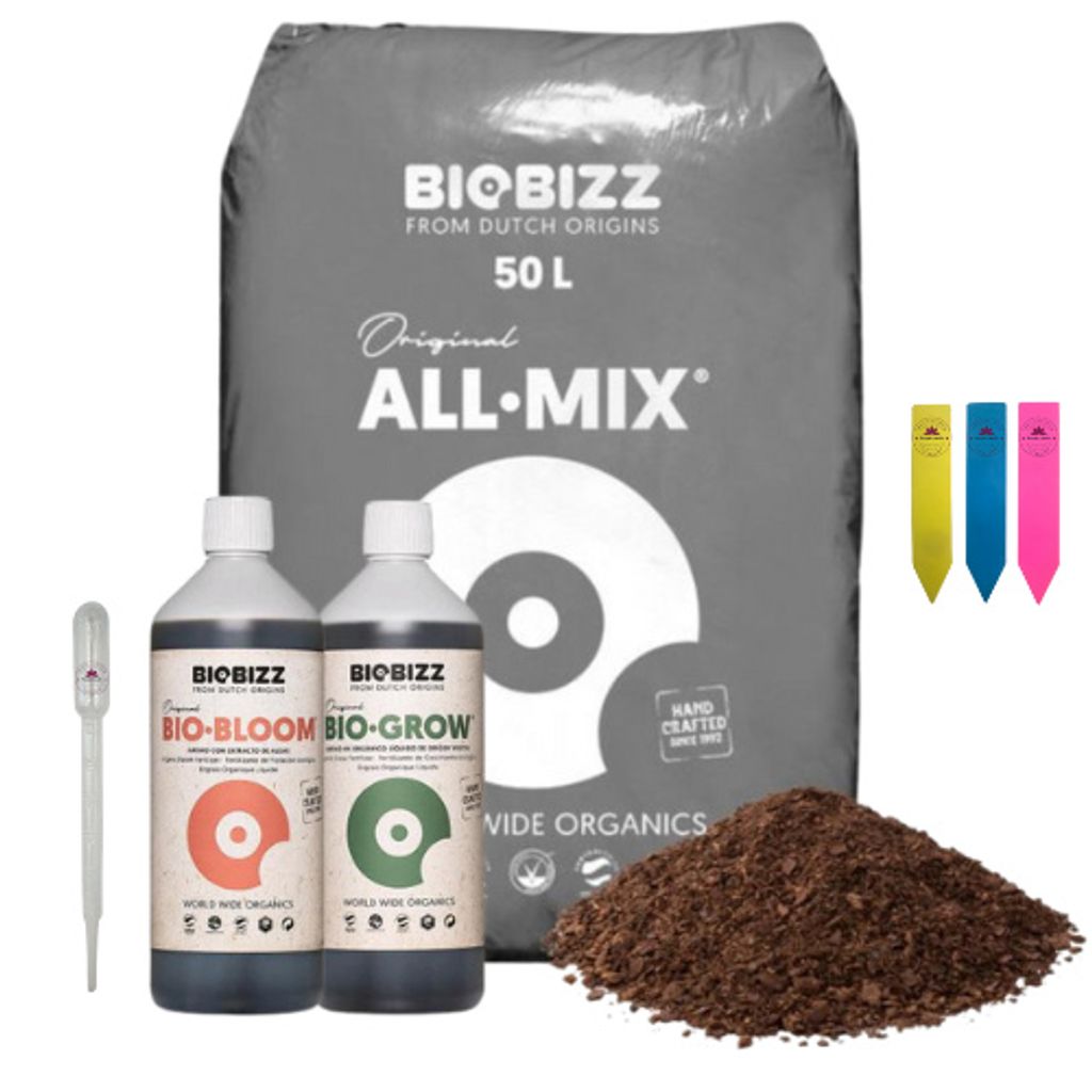 BioBizz All-Mix Erde-Set – Grow-Bloom 250 ml - inkl. Dosierpipette und 3 Pflanzenschilder