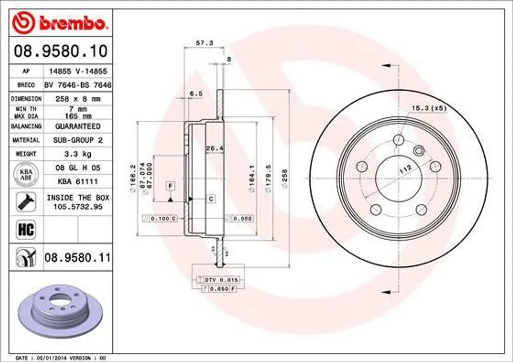 Disque de Frein Brembo 08.9580.11 Haute Qualité pour Mercedes OE 169423