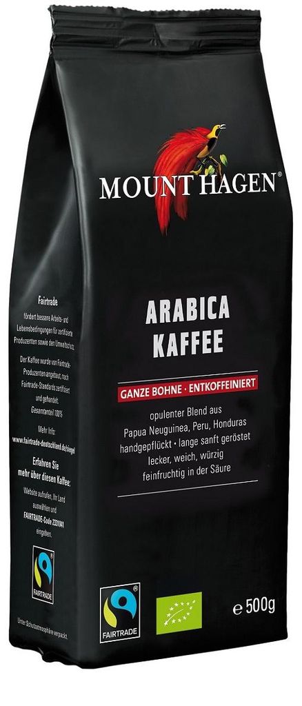 KAWA ZIARNISTA BEZKOFEINOWA ARABICA 100 % FAIR TRADE BIO 500 g - MOUNT HAGEN