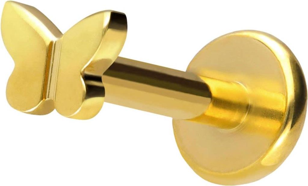 Ohrpiercing, Nasenpiercing Titan Labret mit Push Fit SCHMETTERLING Gold Stablänge: 9mm | Stabstärke: 1,2mm | Discgröße: 3,5mm