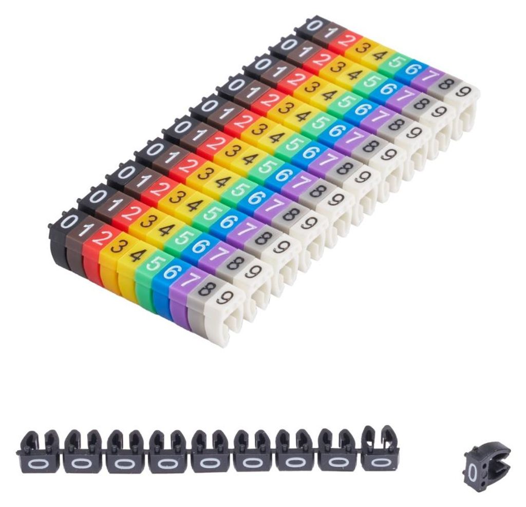 Offgridtec Kabelmarker Clips 0–9, 100 Stück, für 2,5 mm² Kabel, je 10x Zahl