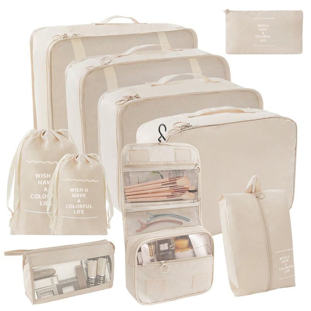 10 teiliges Koffer Organizer Set (Beige) – Packing Cubes Set, Packwürfel, Reise Gadget