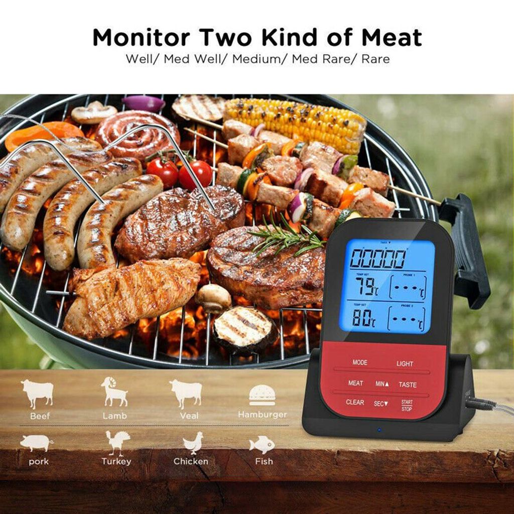 Funk LCD Digital Grillthermometer Fleischthermometer BBQ Thermometer mit Fühler 