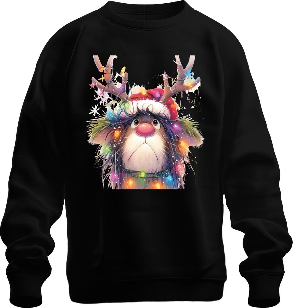 Rudolf Rentier Lichterkette Weihnachten niedlich Cartoon Geschenk Uni Sweatshirt Pullover, Schwarz, S