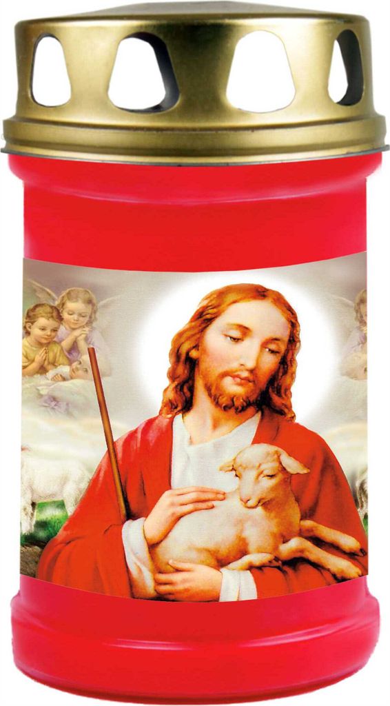 Grabkerze Rot, Brenndauer: 48 Stunden, Motiv: Jesus mit Lamm
