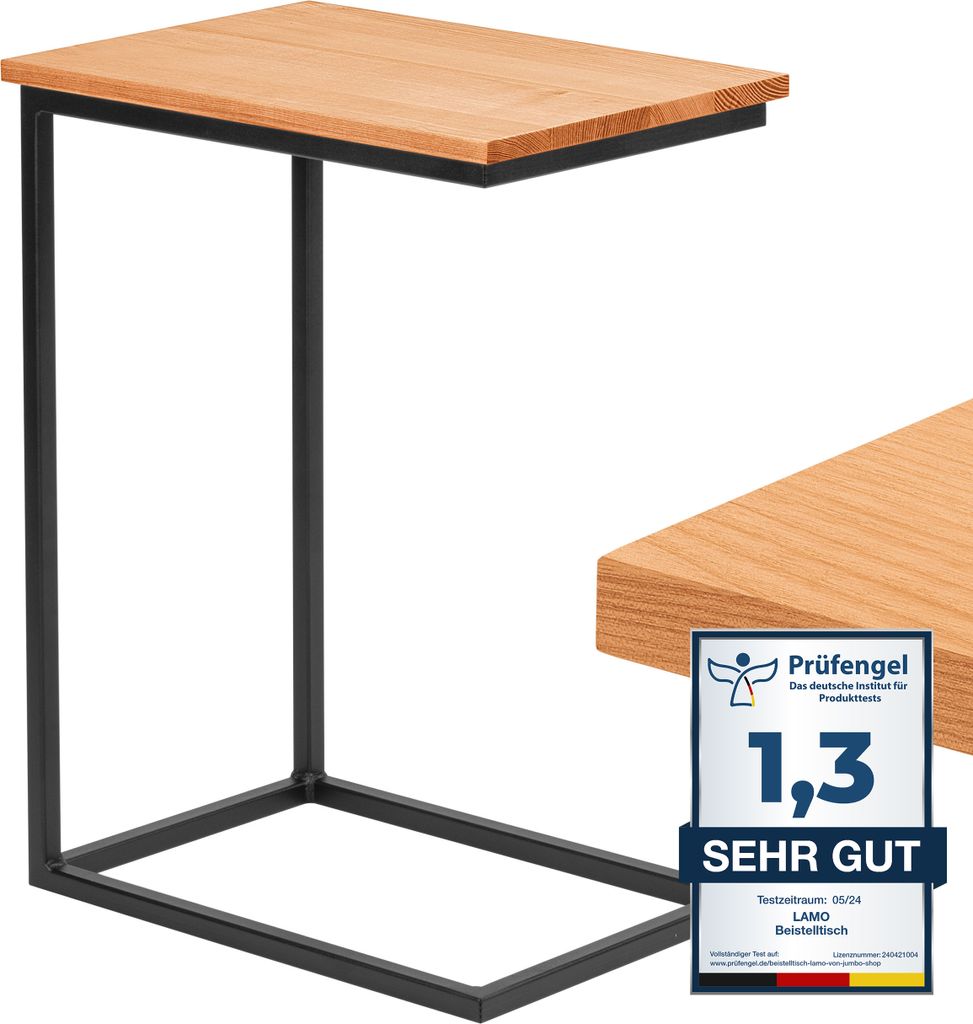 LAMO Manufaktur Beistelltisch | Laptoptisch | Sofatisch | mobiler Kaffeetisch | Nachttisch | 50x35x67 cm | Gestell Schwarz | 100% Echtholz Massiv P...