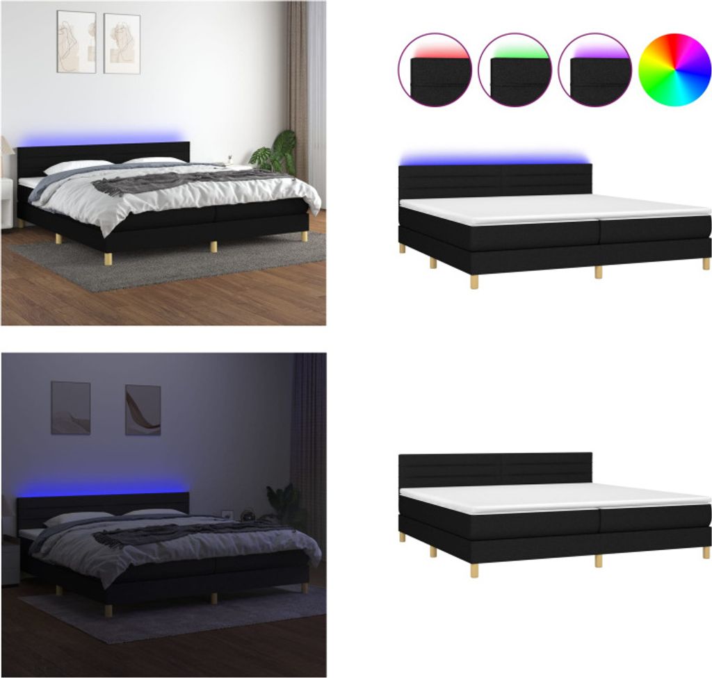 vidaXL Boxspringbett mit Matratze & LED Schwarz 200x200 cm Stoff - Boxspringbett - Boxspringbetten - Bett - Schlafzimmermöbel
