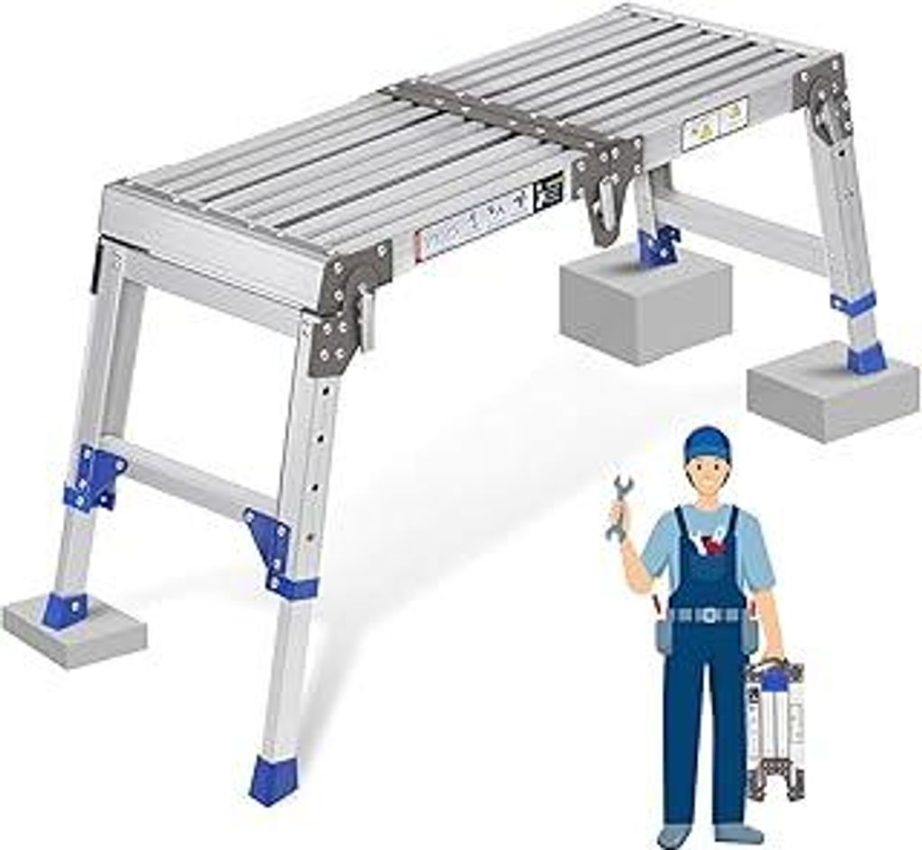 Verbesserte Alu Arbeitsplattform Klappbare bis 362 kg, Arbeitsbühne, Verstellbare Aluminium Stufenleiter Plattformleiter mit Sicherheitsschlösser...
