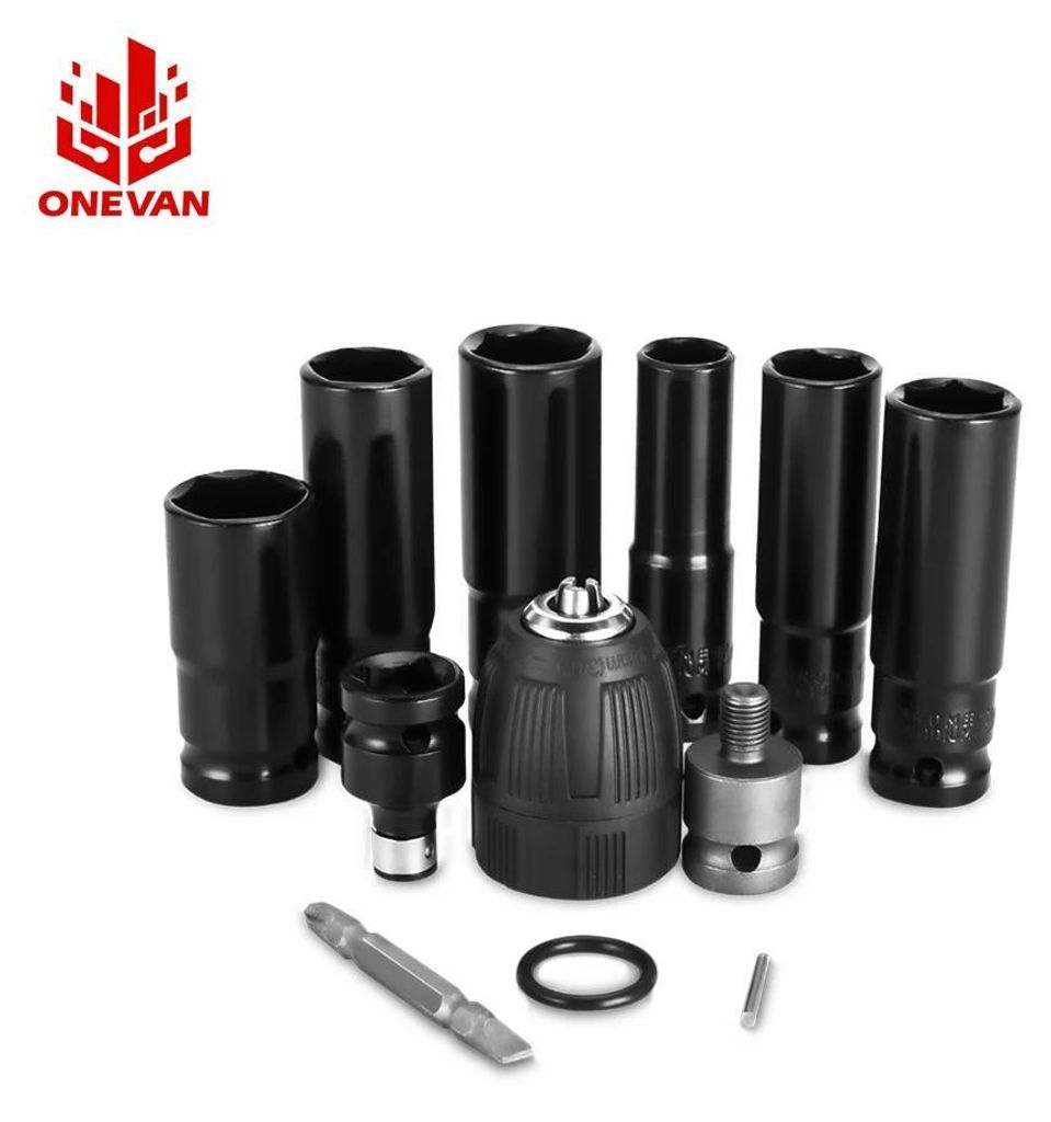 Steckschlüssel- & Adapter-Set - Schlag-Stecknüsse für Schlagschrauber/Bohrmaschine - 12-teilig - 14/17/18/19/21/22 mm - Khaki