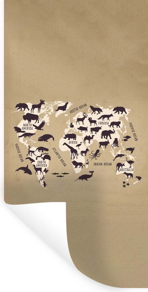 MuchoWow Wandtattoo Wandsticker Wandaufkleber Weltkarte - Tiere - Braun 60x120 cm Selbstklebend und Repositionierbar - Selbstklebend - Fototapeten