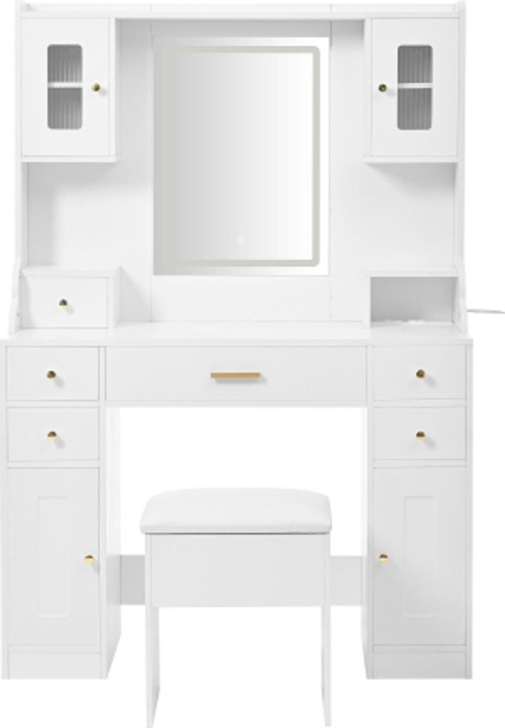 Schminktisch 105x152x40cm LED Spiegel Steckdosen Weiss Frisiertisch 6 Schubladen 4 Tueren Verstellbare Beleuchtung Frisiertisch Kosmetiktisch