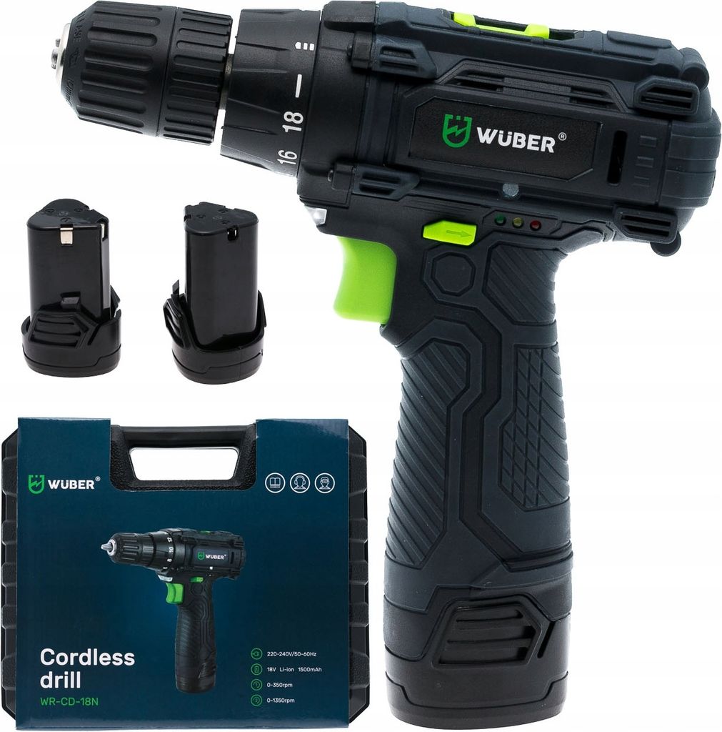 A cordless drill with two batteries and a carrying case.