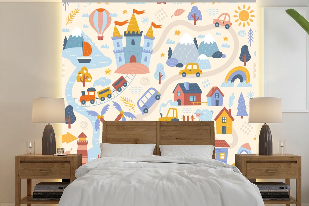 MuchoWow Fototapete für Wohnzimmer oder Schlafzimmer Wandtapete Vinyl Motivtapete Kinder - Auto - Schloss - Straßen - 280x280 cm - Hintergrundbild