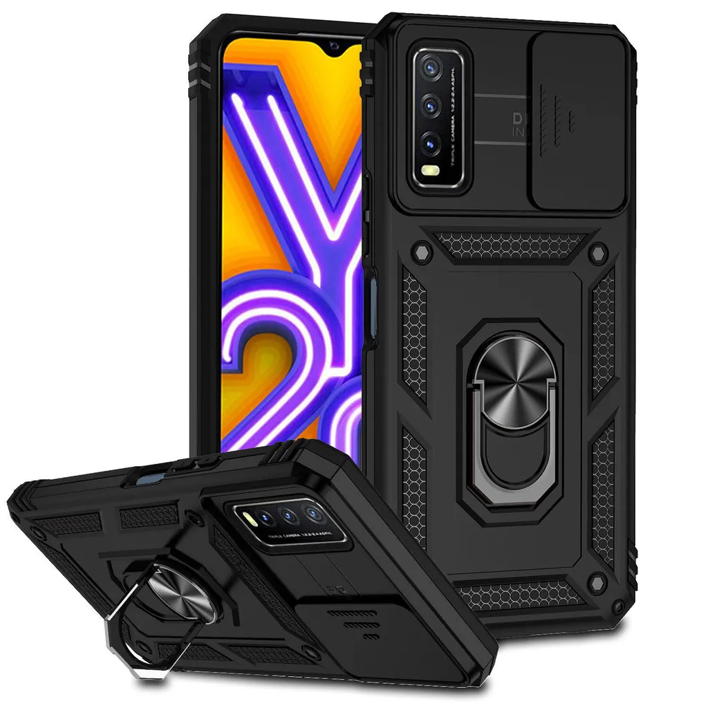 Custodia VIVO Y20 Nera con Ring Holder e Copri Fotocamera Scorrevole