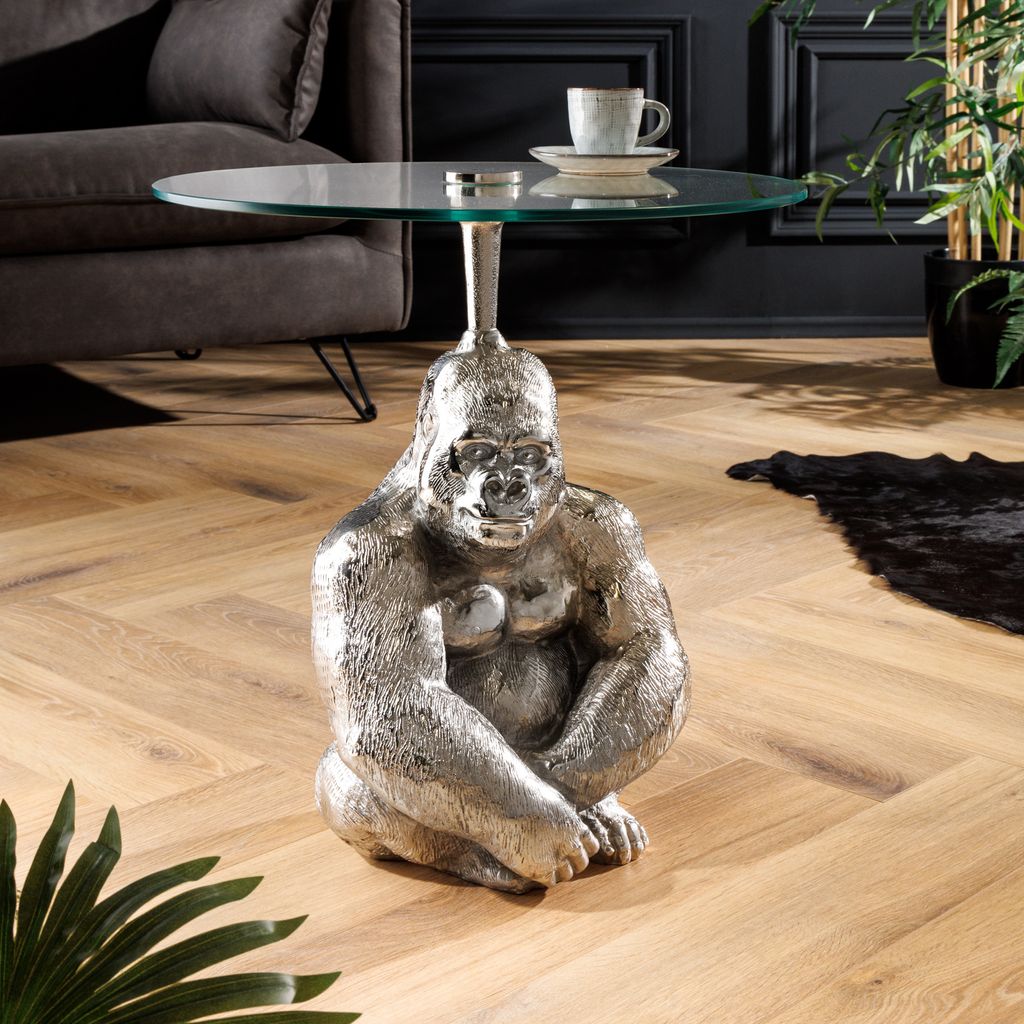 riess-ambiente Runder Beistelltisch KONG 50cm silber Metall Glas Affenfigur Gorilla Skulptur Couchtisch Tisch