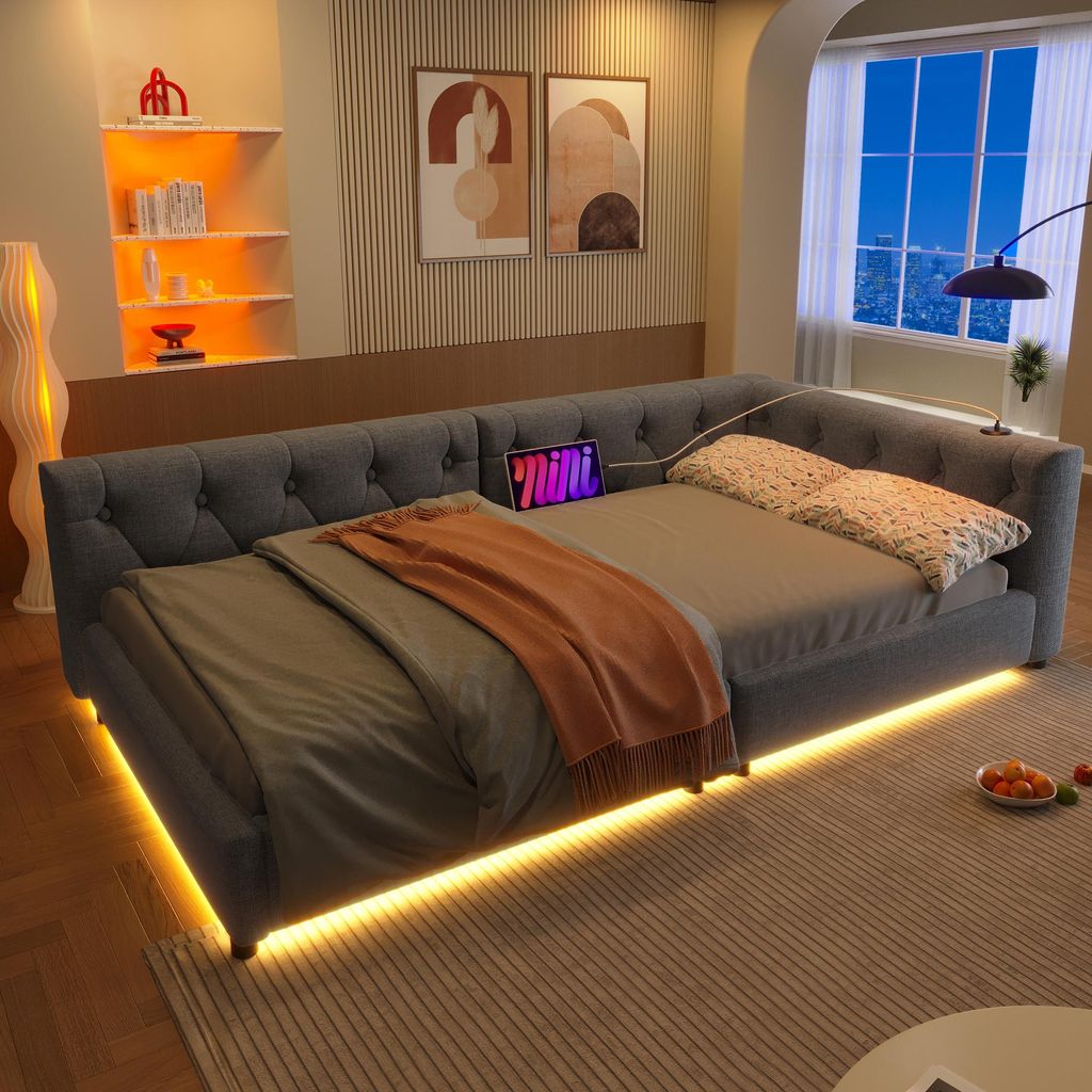 Multifunktionales Daybed Schlafsofa mit USB-C Ladung, RGB LED Beleuchtung, Knopftuft-Design, atmungsaktivem Leinen Grau, 90x200cm