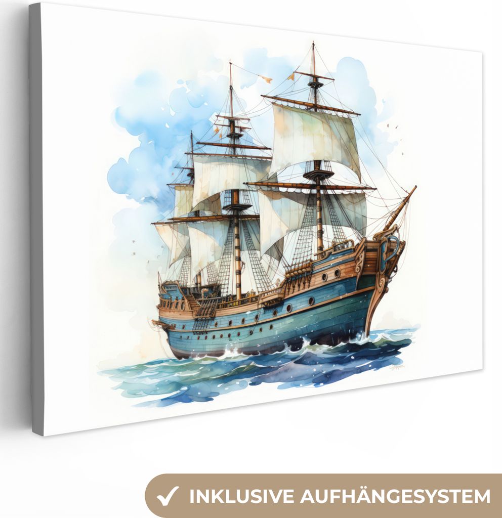 MuchoWow - Leinwandbilder - Schiff - Alt - Segel - Meer - Wasser - Natur - Maritim, Wandbild, Wanddeko Bilder Wohnzimmer, 90x60 cm