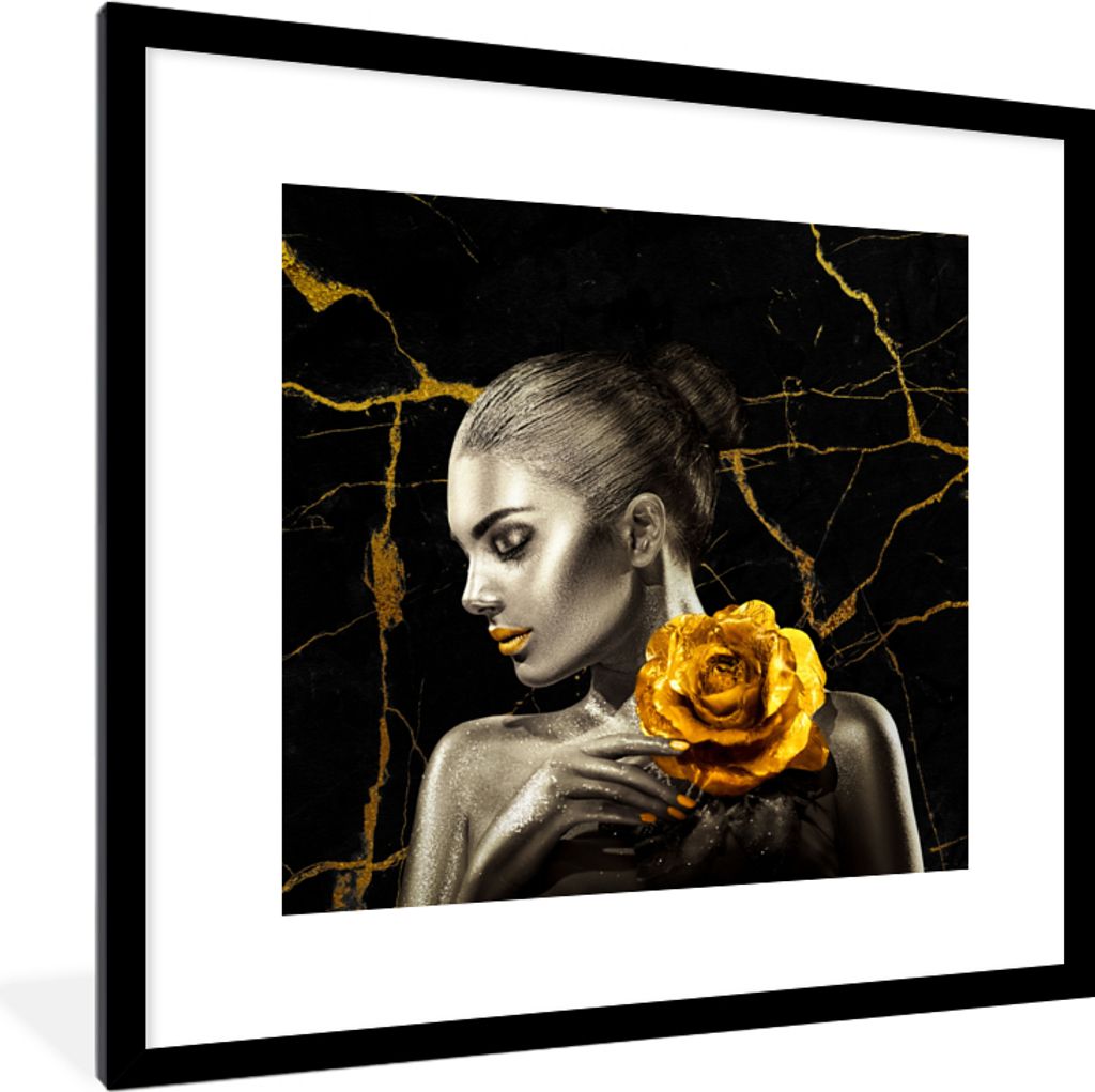 MuchoWow Gerahmtes Poster Frauen - Rosen - Gold - Marmor 40x40 cm - Poster mit Schwarzem Bilderrahmen Wandposter Rahmen Foto Bilder - Poster - Pl...