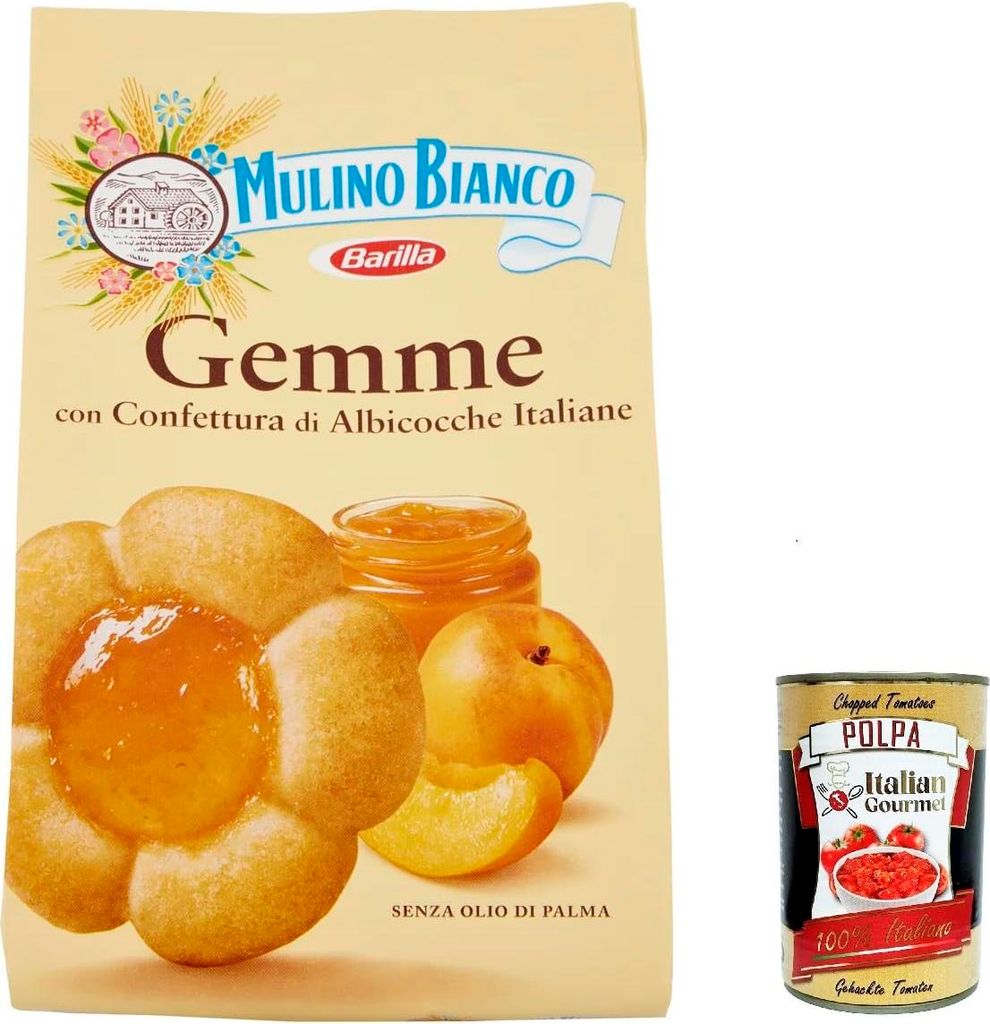 12x Mulino Bianco Gemme Albicocca, Aprikosen Kekse biskuits cookies kuchen mit Aprikosenmarmelade 200g + Italian Gourmet polpa 400g