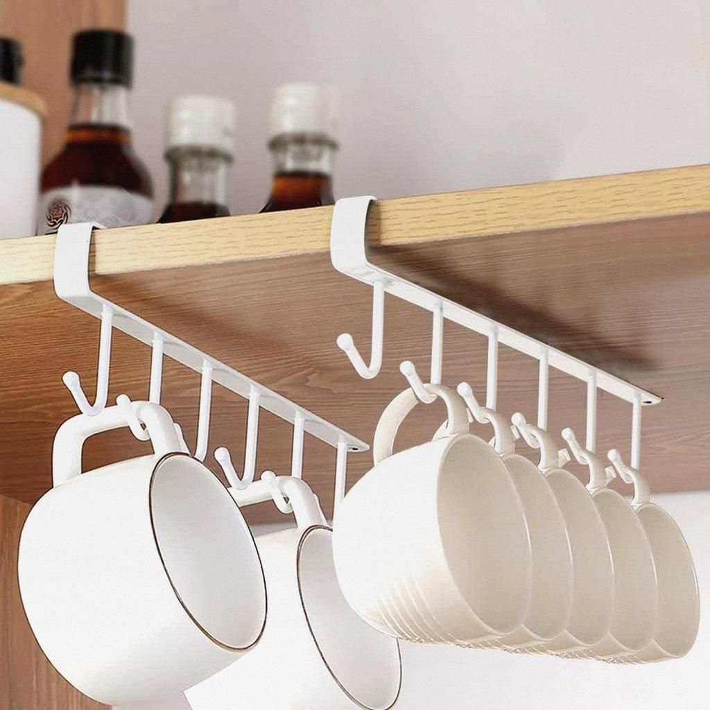 2er-Pack weißer Becherhalter Haken unter dem Regal Tassenaufbewahrung für Schränke, kein Bohren Becherregal Organizer Aufhänger für Küche Sch...