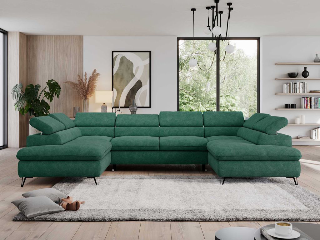U-Ecksofa mit Schlaffunktion, verstellbare Kopfstützen, Couch mit Bettkasten - PEDRO U - Struktur - Grün