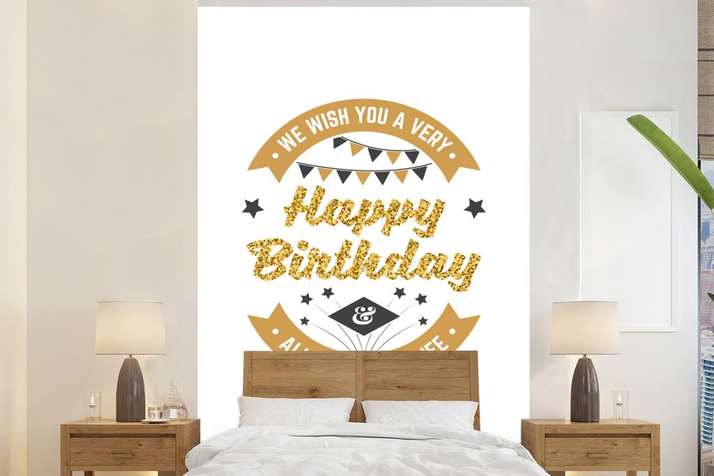 MuchoWow Fototapete für Wohnzimmer oder Schlafzimmer Wandtapete Vinyl Motivtapete Geburtstagszitat "Happy Birthday, alles Gute im Leben" vor wei...