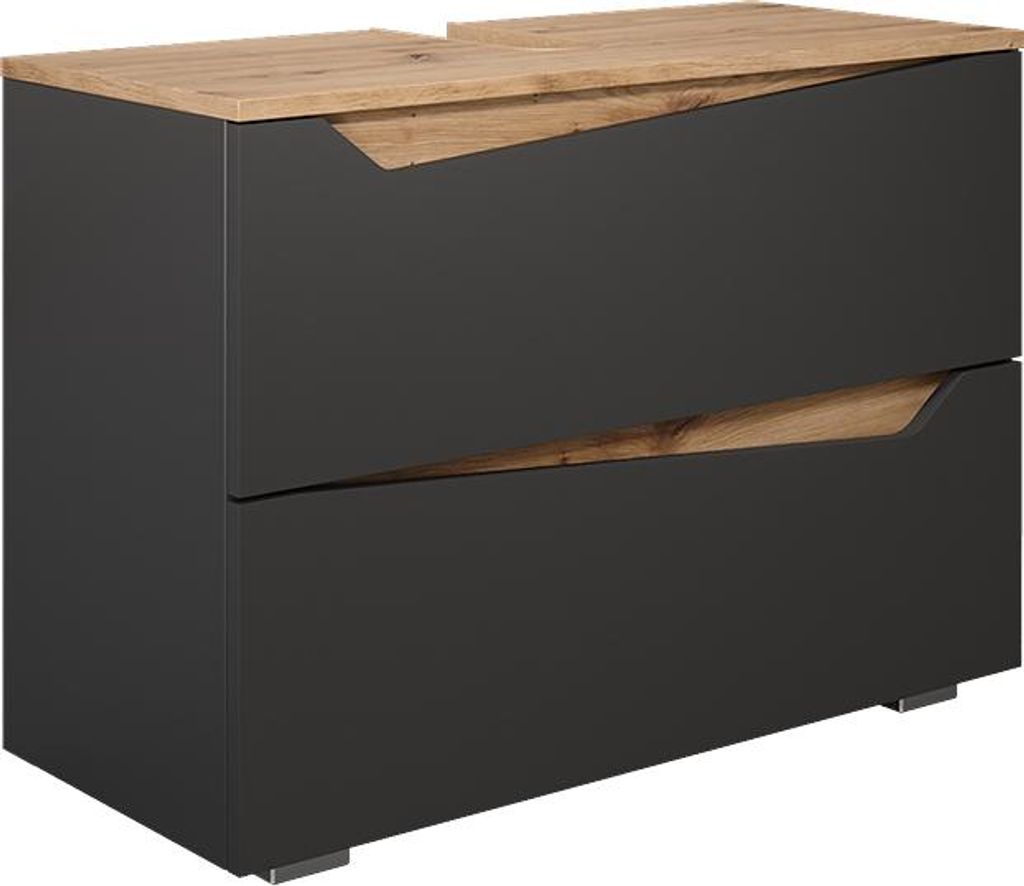 A modern two-drawer vanity unit with a wood-effect top and anthracite-colored drawers.
