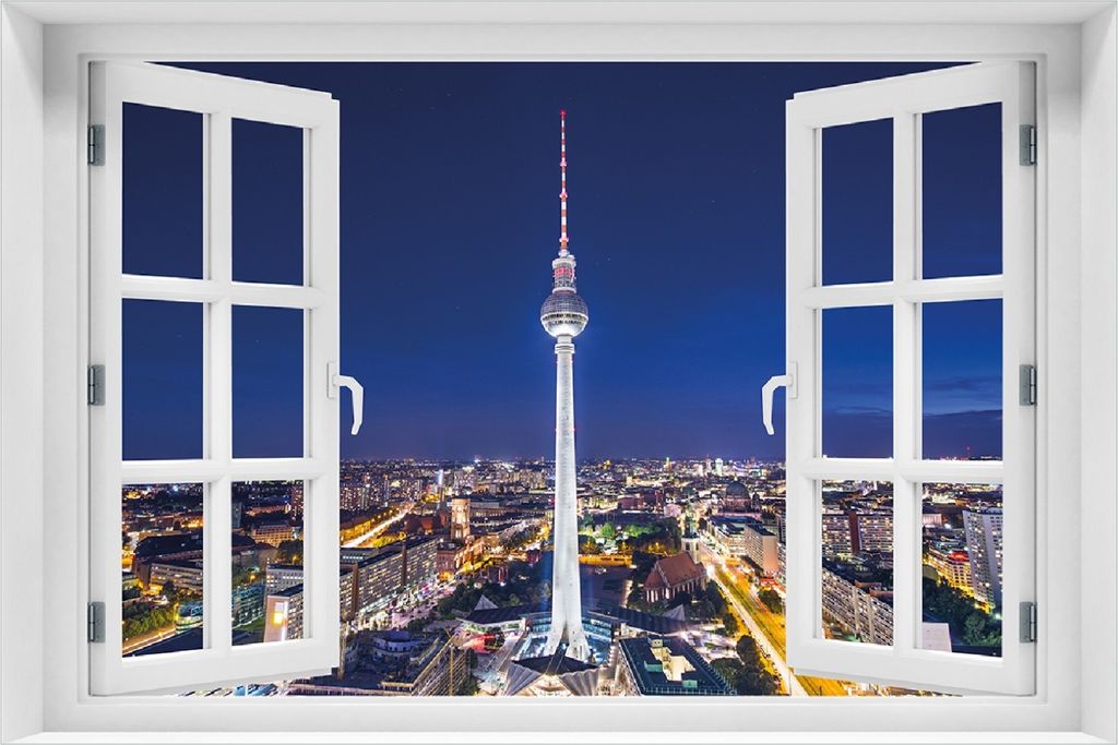 Wallario Poster mit Fenster-Illusion: Fernsehturm Berlin bei Nacht, Größe: 100 x 150 cm