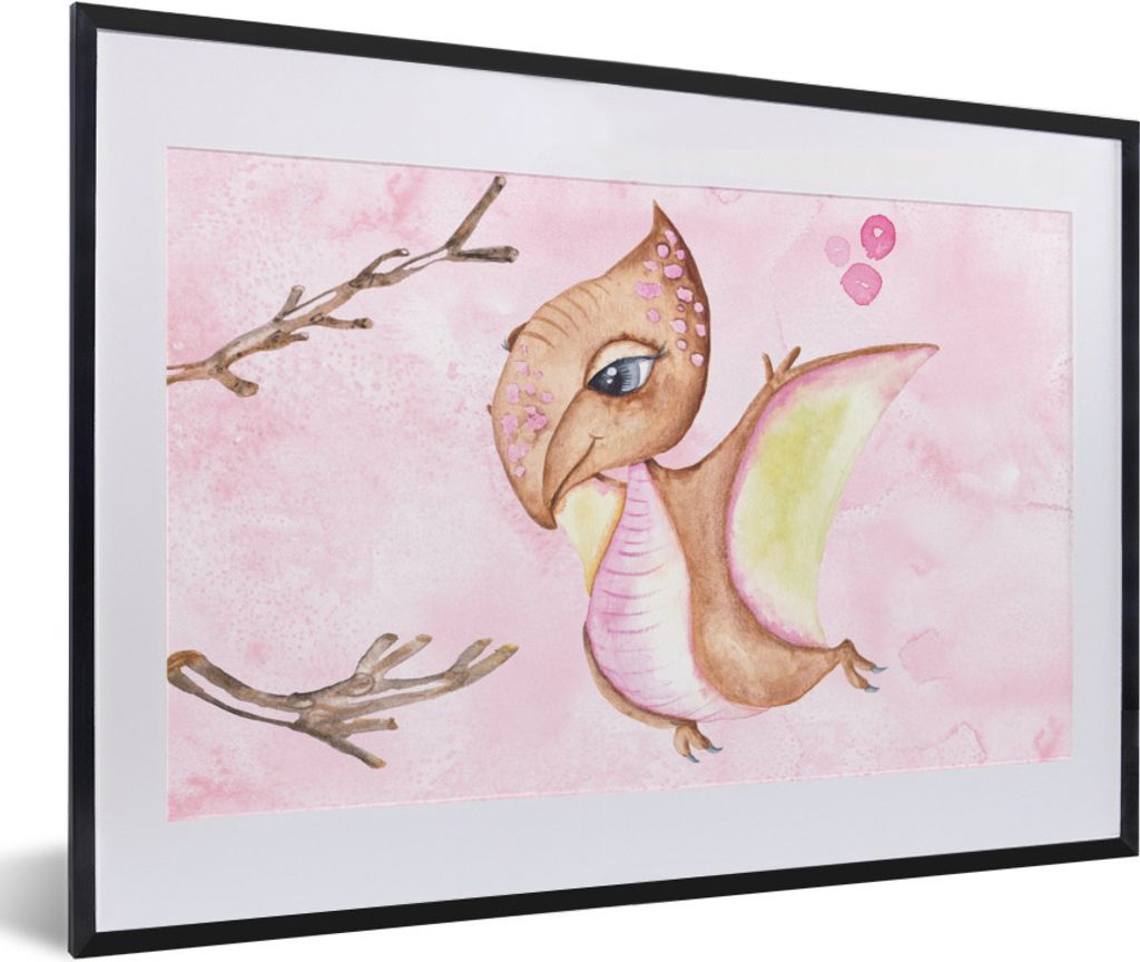 MuchoWow Gerahmtes Poster Dinosaurier - Kinderzimmer - Zweige - Mädchen - Kinder - Rosa 60x40 cm - Poster mit Schwarzem Bilderrahmen Wandposter ...