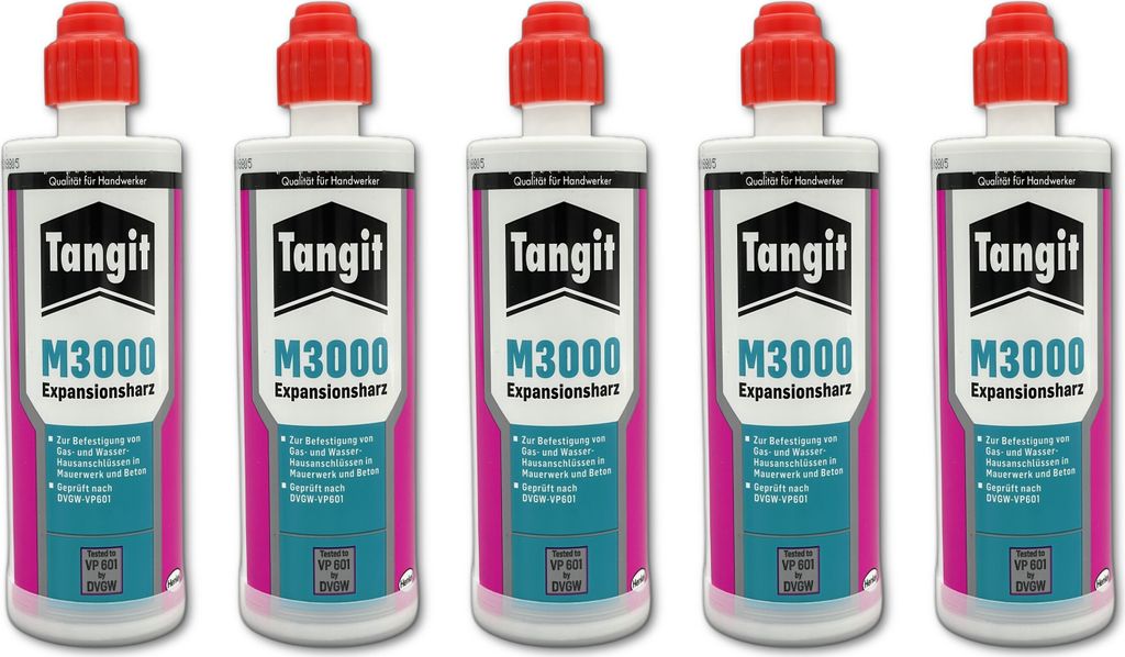 Five bottles of Tangit M3000 Expansion Resin are lined up against a white background.