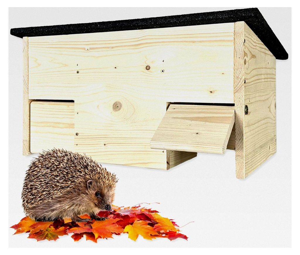 Wetterfestes Igel-Futterhaus mit Rattenklappen – Futterstation aus Holz mit Schutz vor Katzen, Ratten und Regen – Igelhaus für den Garten, nat...