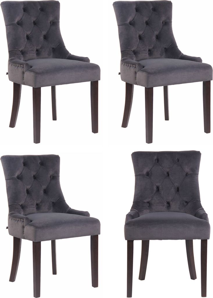 CLP 4er Set Esszimmerstuhl Aberdeen Samt Antikes Design mit Gestell aus Kautschukho Farbe dunkelgrau Gestell Farbe antik