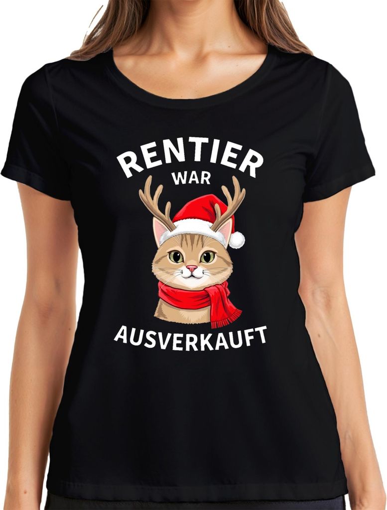 Rentier war t Katze Santa Weihnachten lustig Geschenk Damen T-Shirt, Schwarz, XXL