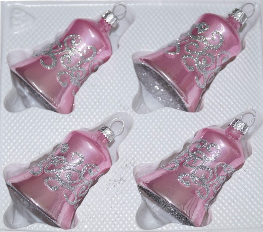 4 tlg. Glas-Glocken Set in Hochglanz-Rosa-Silberne-Ornamente
