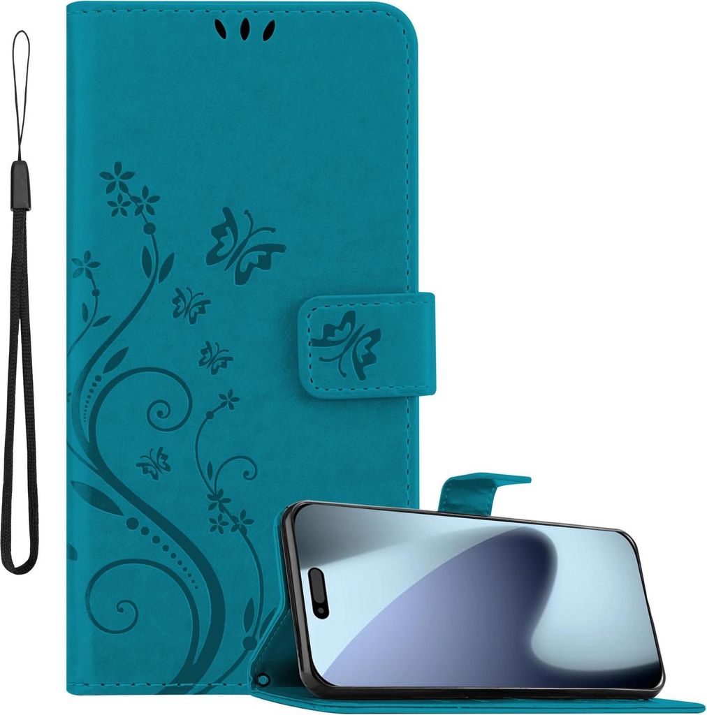Cadorabo Hülle für Apple iPhone 17 PRO Hülle in FLORAL BLAU Schutzhülle im Blumen Design mit Magnetverschluss, Standfunktion und Kartenfächern...