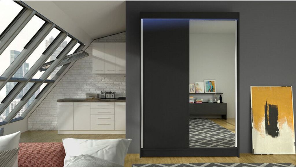 Posuvná šatní skříň 120 cm se zrcadlem a LED RGB osvětlením Obrázek produktu 
