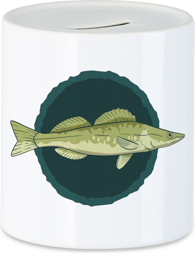 Fischmotiv Spardose Angler Geschenkidee Hecht Forelle Karpfen Stöer Barsch