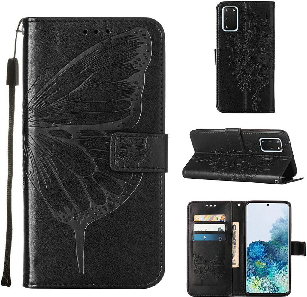 Galaxy S20 Plus Hülle, Schmetterling Prägung Flip Leder Kartenfächer Schutzhülle Ledertasche mit Ständer für Samsung Galaxy S20 Plus Schwarz