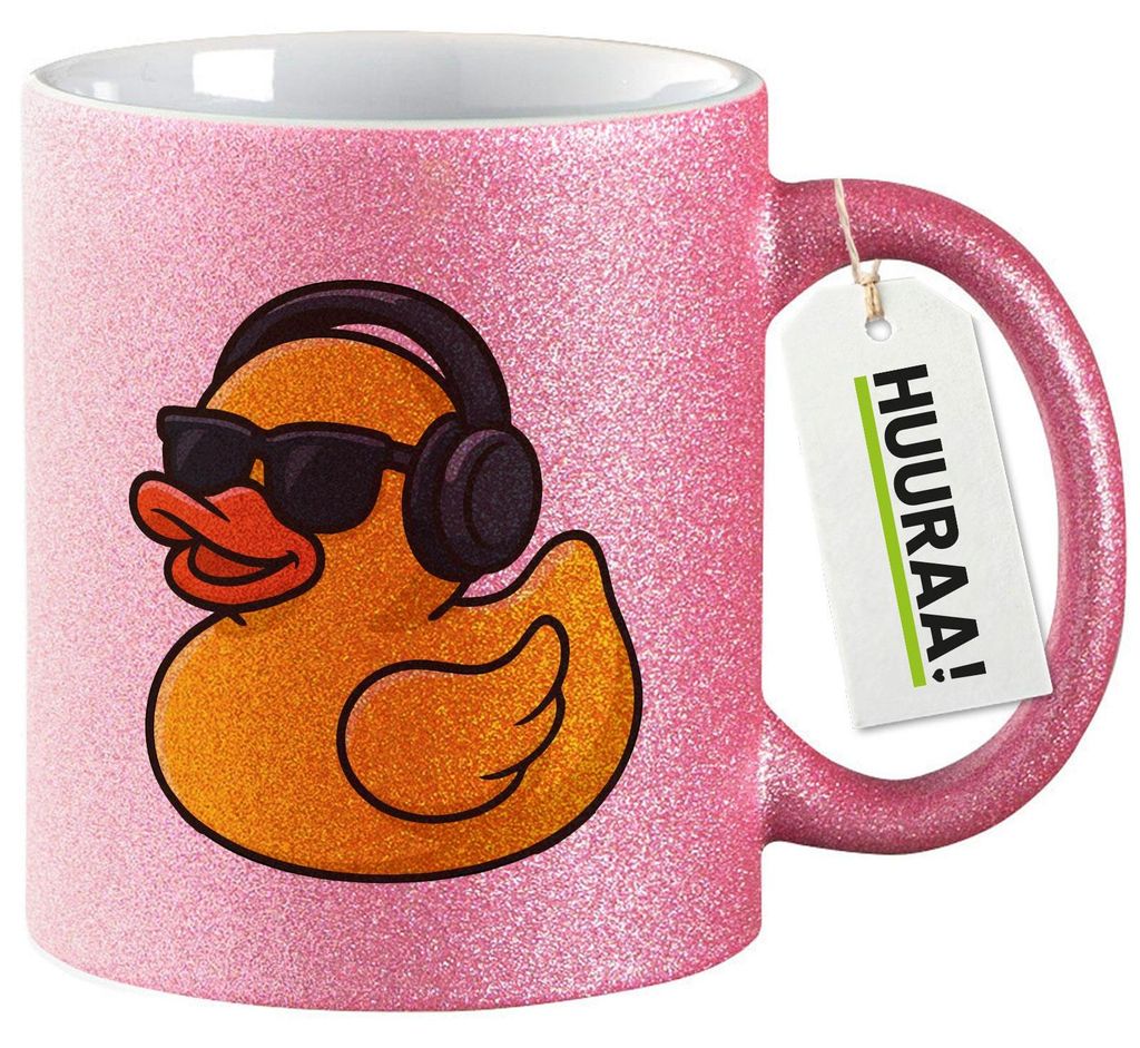 Huuraa Glitzertasse Quietscheente DJ Gummiente Club-DJ 330ml Pink Keramik Kaffeebecher Geschenkidee