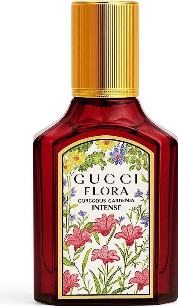 A product shot of a Gucci Flora Gorgeous Gardenia Intense EDP Vapo perfume bottle.