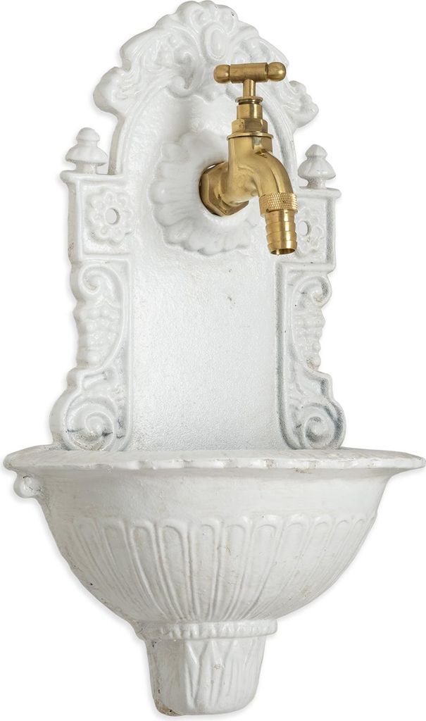 Wandbrunnen Gusseisen Weiß mit Messing-Wasserhahn Antikstil Garten Deko Außenbereich Wandmontage 39 x 24 x 13 cm Nostalgie Wasserspender für Ter...