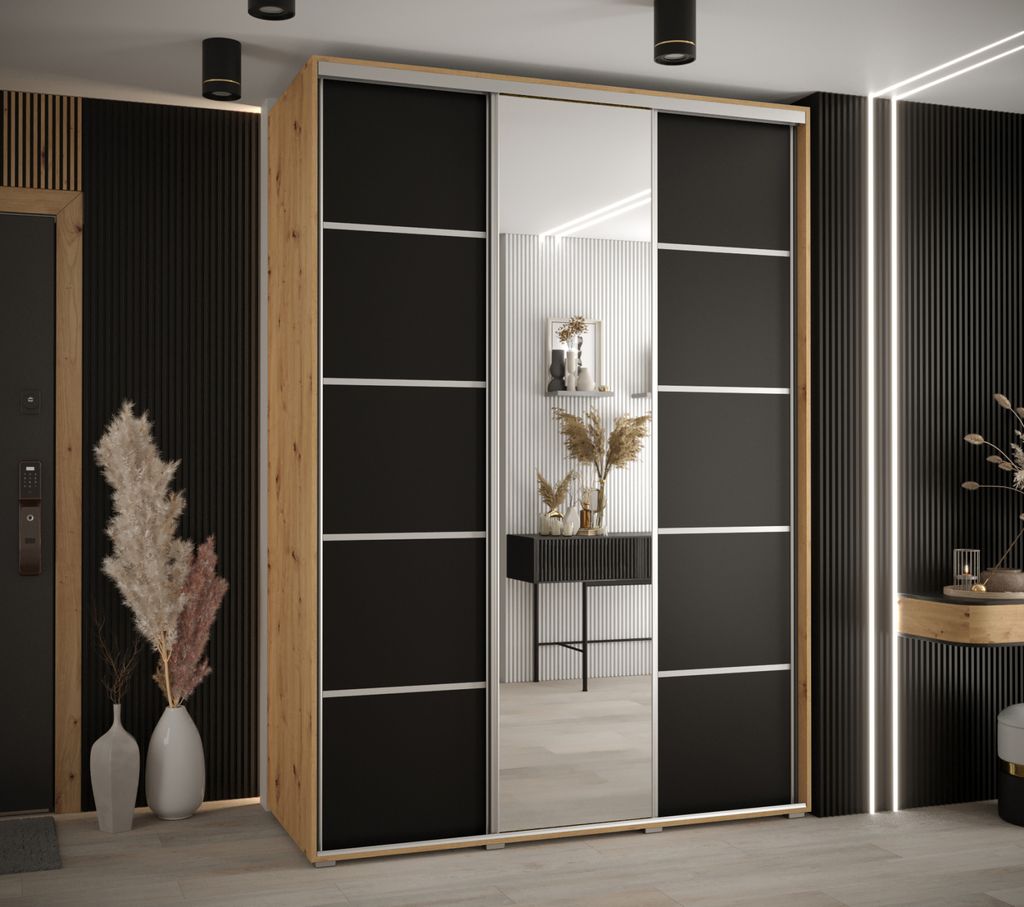 Kleiderschrank ASIRI 5 - 180/45 cm, Artisan-Eiche / Schwarz / Silber